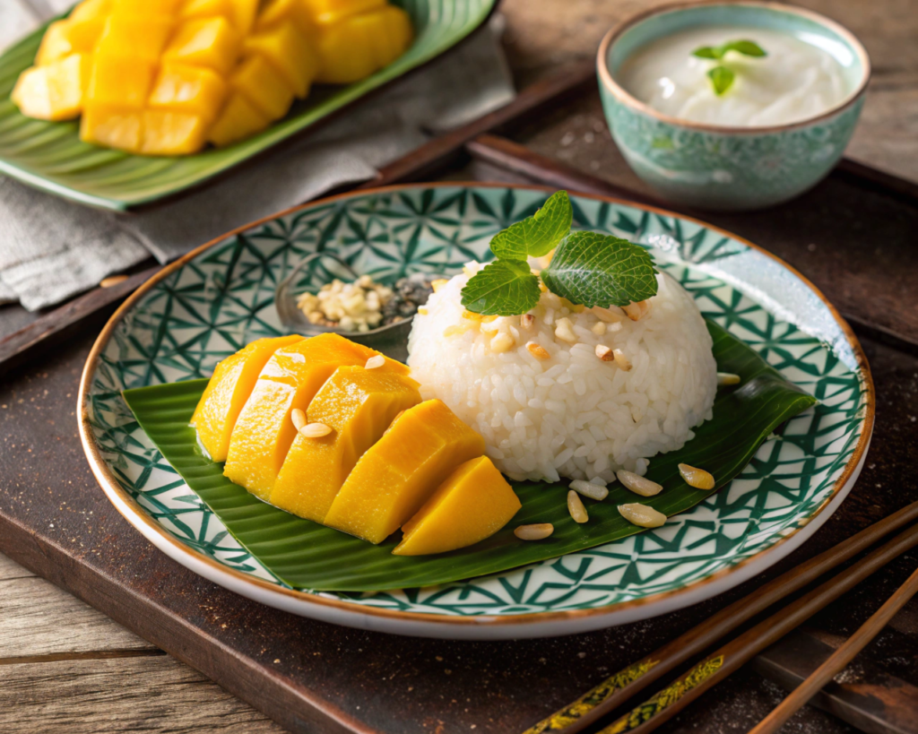 A beautiful serving of Thai mango sticky rice with perfectly ripe sliced mangoes, glutinous rice, and a drizzle of coconut cream, styled on a traditional Asian plate with decorative banana leaves.