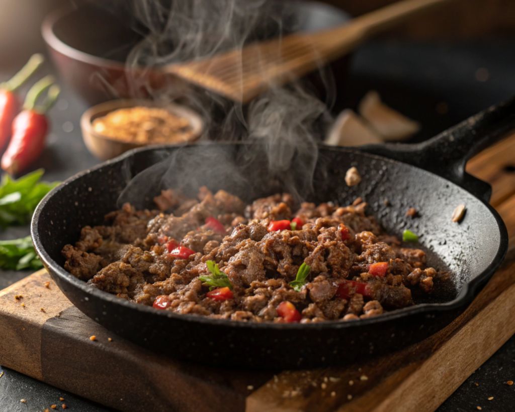 A close-up of a sizzling skillet with seasoned ground beef being cooked to perfection. The beef is slightly browned with visible steam rising.