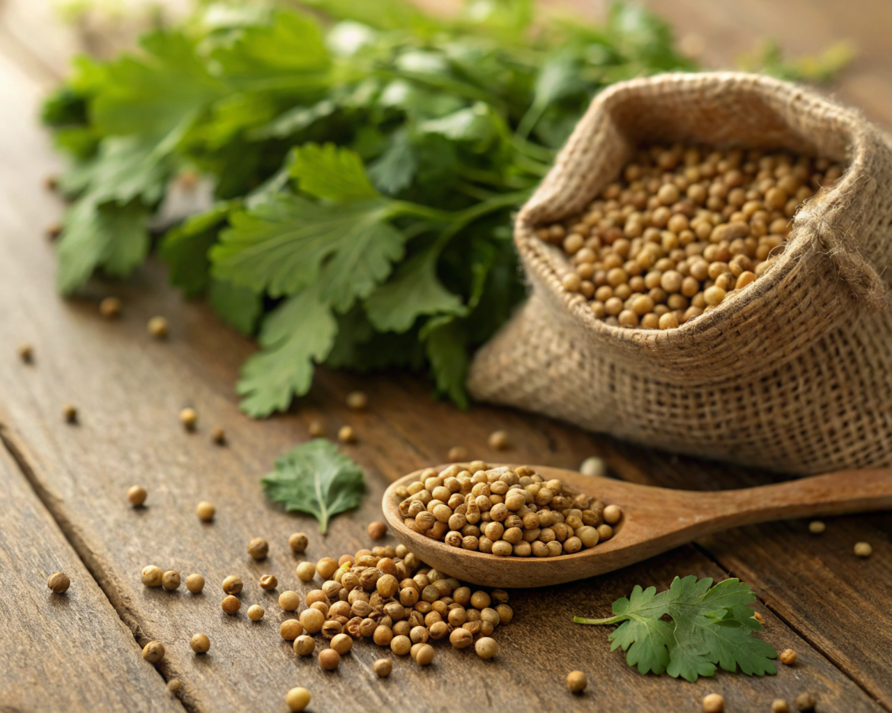 A close-up view of whole coriander seeds scattered on a rustic wooden surface, surrounded by fresh coriander leaves, a burlap sack, and a small wooden spoon filled with seeds. Warm, natural lighting enhances the golden-brown hues of the seeds