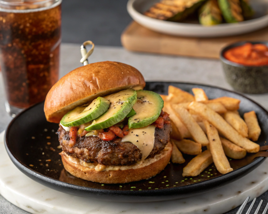 A gourmet burger with a thick beef patty, avocado slices, pickles, and spicy aioli, paired with truffle Parmesan fries on a stylish black plate with a soda in the background