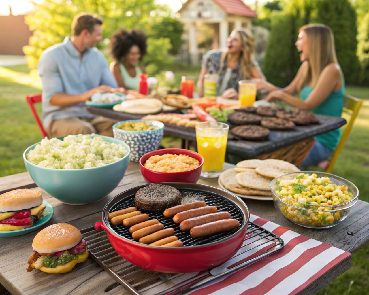 A vibrant backyard cookout scene featuring a grill loaded with burgers, hot dogs, and ribs, surrounded by colorful bowls of sides like coleslaw, potato salad, and grilled corn. A cheerful group of people in summer attire enjoying the sunny day, with a picnic table set with drinks and desserts.