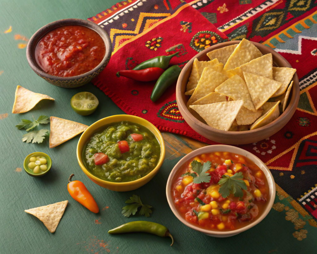 An artistic spread of various types of salsa in small bowls, including red salsa, green salsa, and mango salsa, with assorted chips like corn, pita, and veggie chips on a colorful Mexican-themed tablecloth.