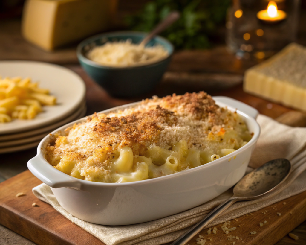 Generate an image of golden, crispy panko breadcrumbs sprinkled on top of a creamy baked macaroni and cheese dish. The breadcrumbs should appear light, fluffy, and toasted with a warm oven backdrop