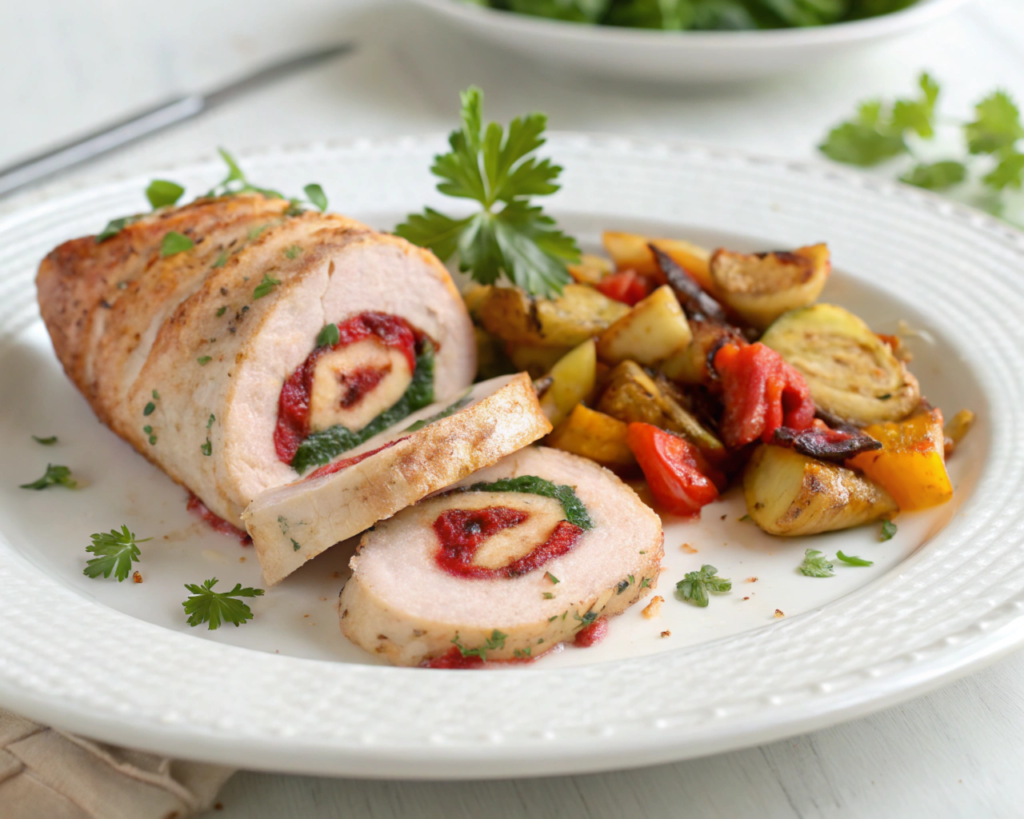 A beautifully sliced chicken roulade on a white plate, revealing a spiral of vibrant filling inside, garnished with fresh parsley and paired with roasted vegetables