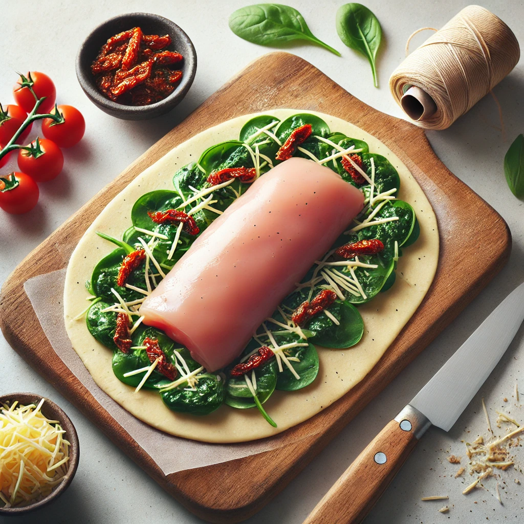 An overhead view of a flattened chicken breast topped with a colorful filling of spinach, sun-dried tomatoes, and cheese, ready to be rolled