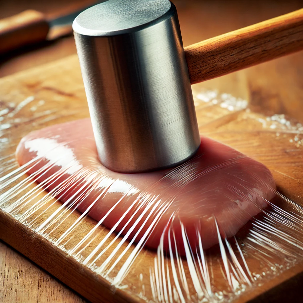 Close-up of a raw chicken breast placed between two sheets of plastic wrap, with a meat mallet flattening it to an even thickness on a wooden cutting board