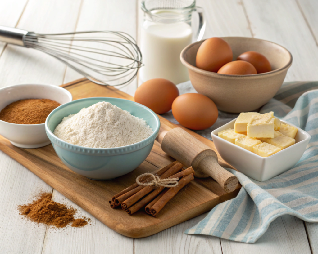 A neatly arranged set of ingredients for churro cake on a wooden countertop, including flour, sugar, cinnamon, eggs, milk, butter, and a whisk in natural lighting