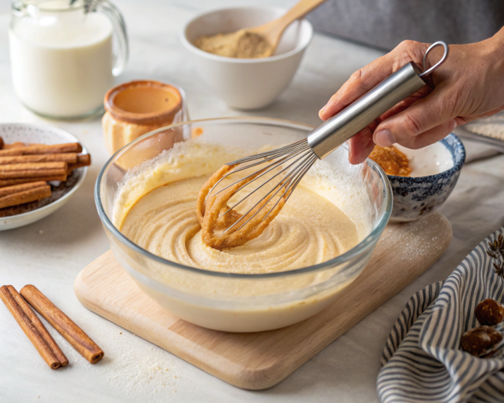 Close-up of hands mixing churro cake batter in a glass bowl, with a whisk blending the creamy mixture. Surrounding are measuring cups and spoons