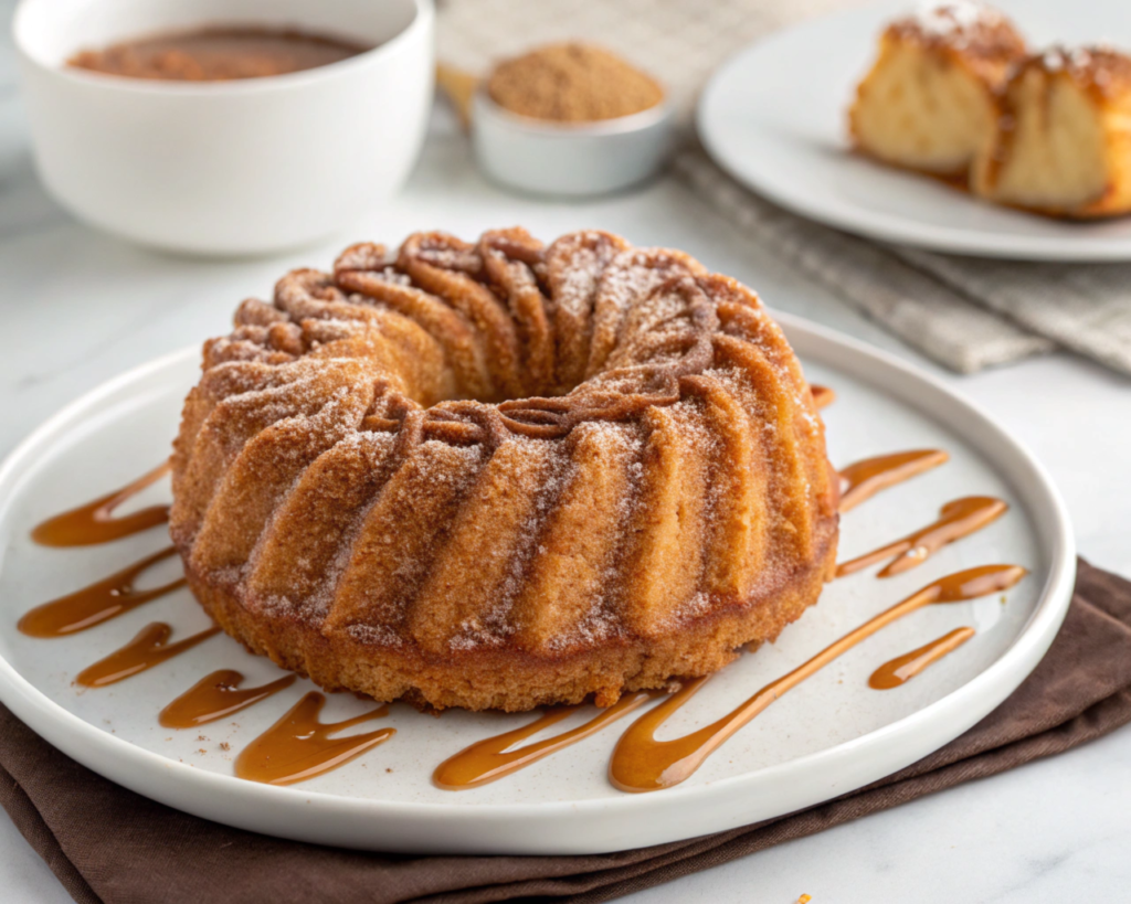 "A golden-brown churro cake topped with a generous dusting of cinnamon sugar, served on a white plate with a drizzle of caramel sauce beside it