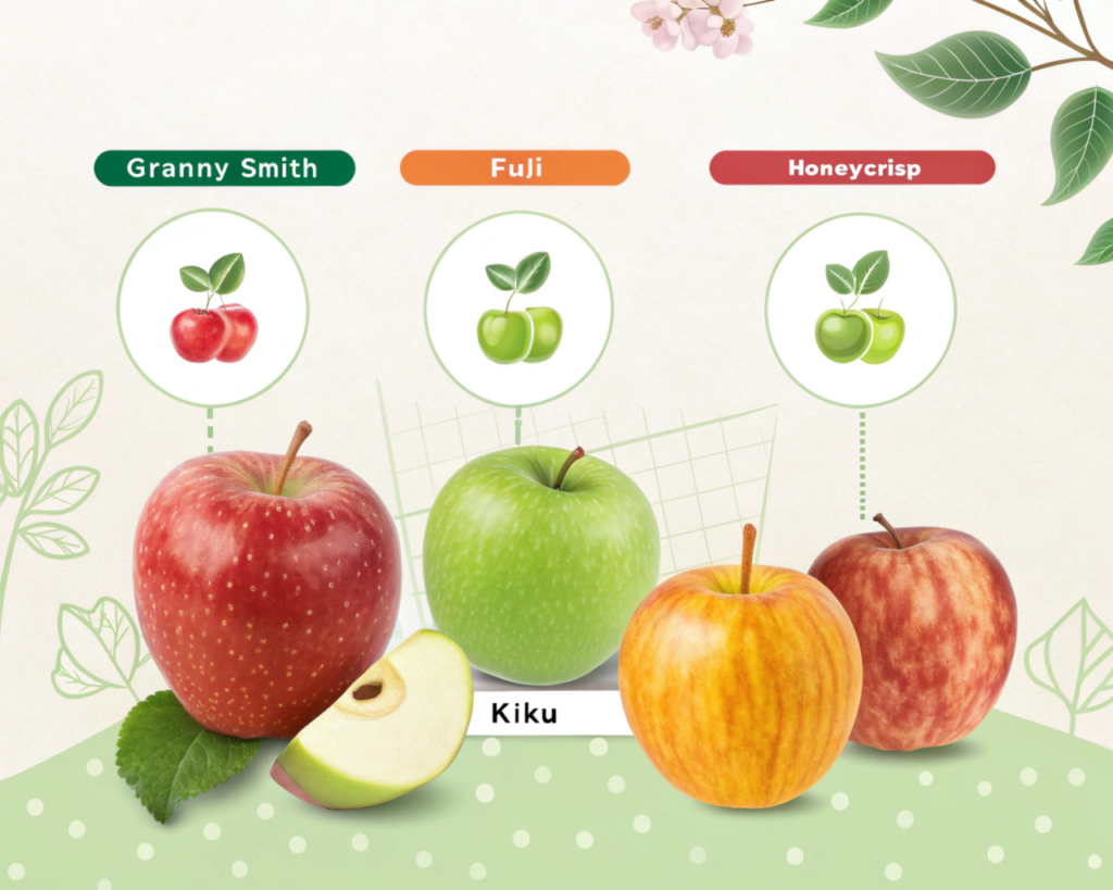 Create a visually appealing infographic showcasing a chart of apple varieties organized by sweetness level, ranging from tart to sweet. Include realistic depictions of apples like Granny Smith, Fuji, Honeycrisp, and Kiku, labeled with their names, sweetness level, and recommended uses. The background should be light and fresh, evoking a healthy and natural feel