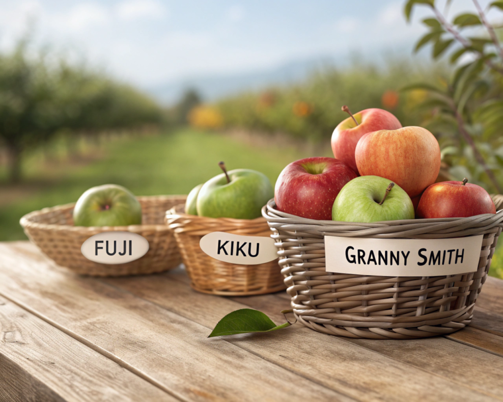 Generate a realistic illustration of a basket filled with different apple varieties, including sweet ones like Fuji and Kiku and tart ones like Granny Smith. Ensure each apple has a visible name tag, and the basket is placed on a rustic wooden table with a blurred orchard in the background for an authentic countryside vibe