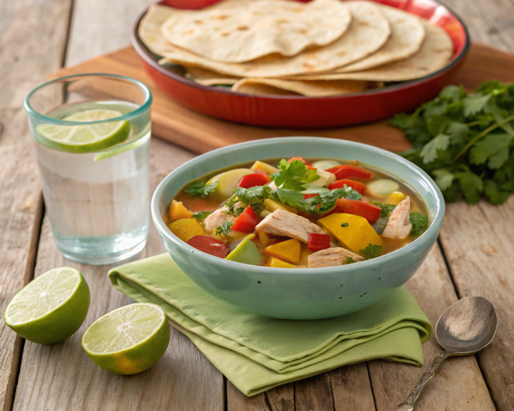 Illustrate a vibrant bowl of Caldo de Pollo served on a rustic wooden table. Include colorful vegetables, chicken pieces, and garnish with fresh cilantro. Pair the dish with lime wedges, warm tortillas, and a glass of agua fresca to emphasize authenticity.