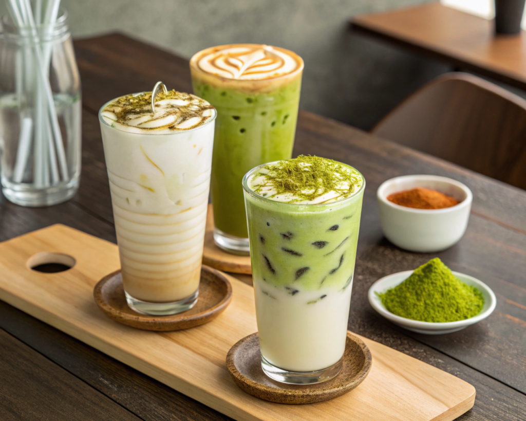 "A display of iced matcha latte variations: one with creamy milk swirling into matcha, another with frothy non-dairy foam, and a third topped with a sprinkle of matcha powder. The setup is on a modern café-style wooden table