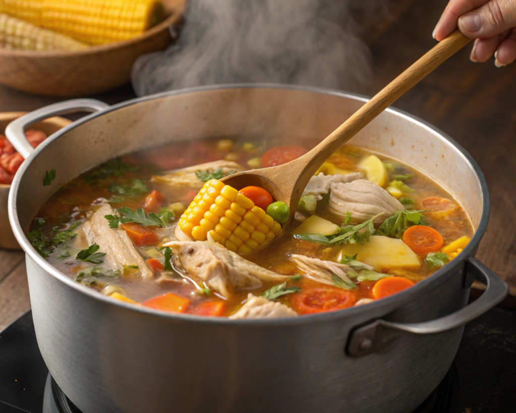 Depict a large traditional pot on a stove filled with Caldo de Pollo. The soup should include visible chicken, bright vegetables like carrots and corn, with steam rising from the pot. A hand stirring with a wooden spoon adds an interactive touch