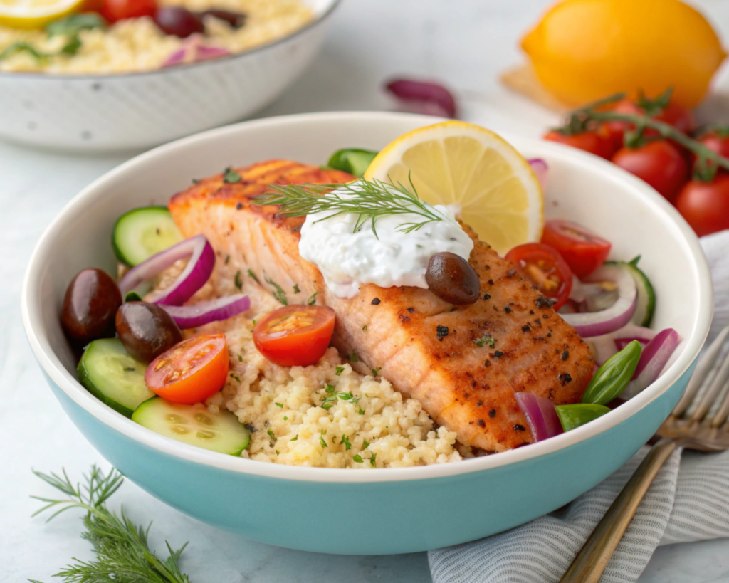 A colorful Mediterranean-style salmon bowl showcasing grilled salmon filet, a bed of couscous, cherry tomatoes, cucumber slices, kalamata olives, red onion, and a dollop of tzatziki sauce, garnished with fresh dill and lemon wedges, with a bright, clean kitchen background.