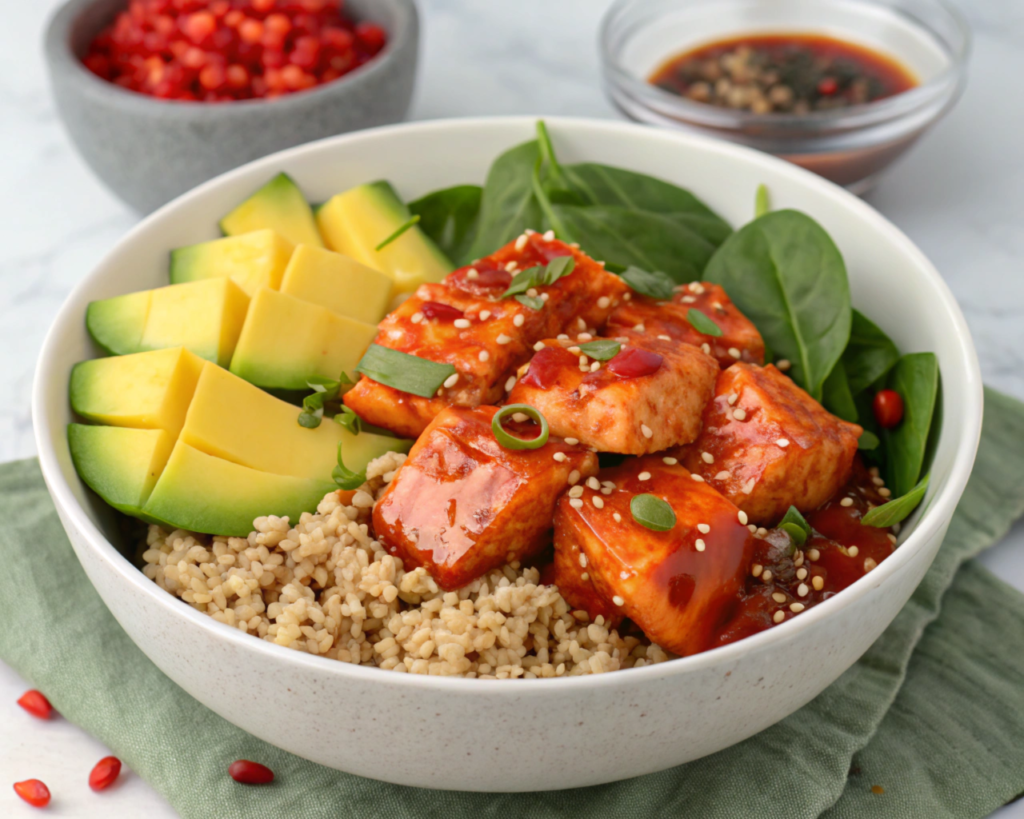 An artistic presentation of a spicy salmon bowl with glazed salmon chunks coated in a spicy chili sauce, served over a base of quinoa and baby spinach, topped with diced mango, jalapeño slices, and a sprinkle of red chili flakes, set against a neutral background.