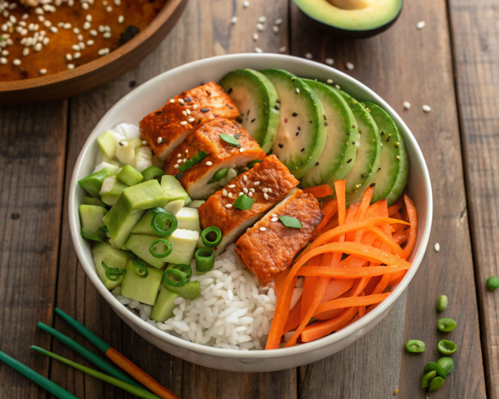 A top-down view of a vibrant salmon bowl, featuring perfectly seared salmon pieces, white rice, sliced avocado, shredded carrots, cucumber slices, and a drizzle of sesame dressing, garnished with sesame seeds and chopped green onions, placed on a rustic wooden table