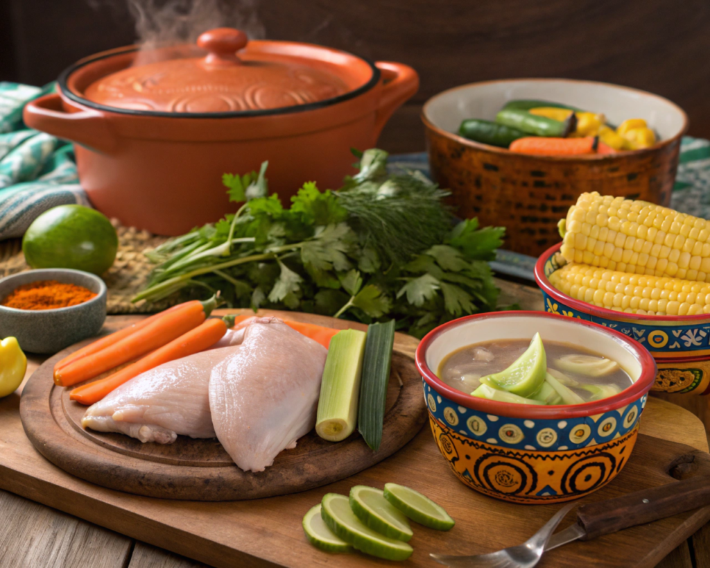 Show a traditional Mexican kitchen scene with fresh ingredients for Caldo de Pollo: raw chicken cuts, carrots, zucchini, corn, cilantro, and a steaming pot. Rustic wooden counter and colorful ceramic bowls are arranged with the ingredients ready for cooking