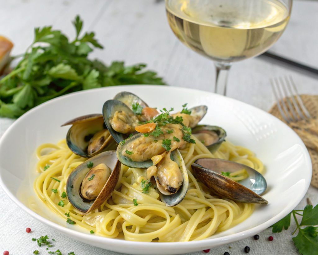 A vibrant dish featuring smoked oysters in a creamy pasta sauce, paired with a glass of white wine, served on a white plate with a garnish of parsley.