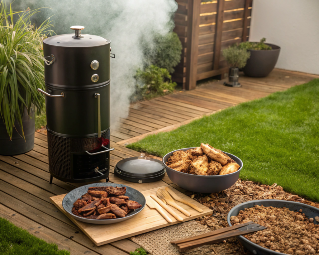 A backyard scene with a traditional smoker in use, emitting thin wisps of smoke. The smoker is surrounded by wood chips, spices, and a bowl of raw turkey wings prepared with seasoning. The setting includes green grass, a wooden deck, and barbecue tools neatly arranged.