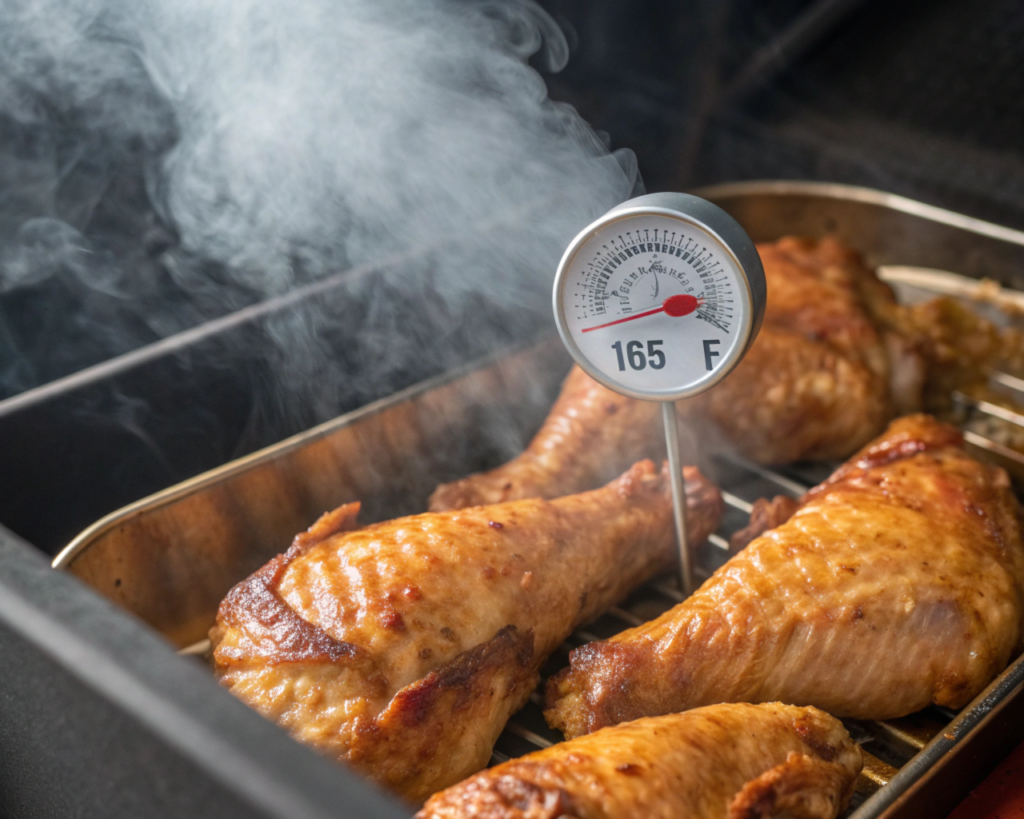 Close-up of turkey wings inside a smoker, halfway cooked. The wings are golden-brown, glistening from the rendered fat, with light smoke swirling around. The internal thermometer is inserted into the thickest part of a wing, showing 165°F