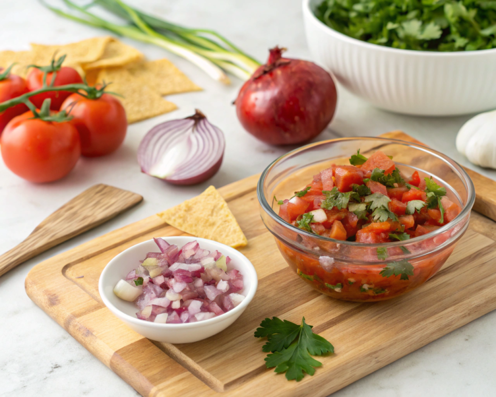 Step-by-step preparation of homemade salsa: first image showing fresh ingredients (tomatoes, onions, garlic, cilantro), second image with chopped vegetables, and third image presenting the salsa served in a glass bowl with tortilla chips.