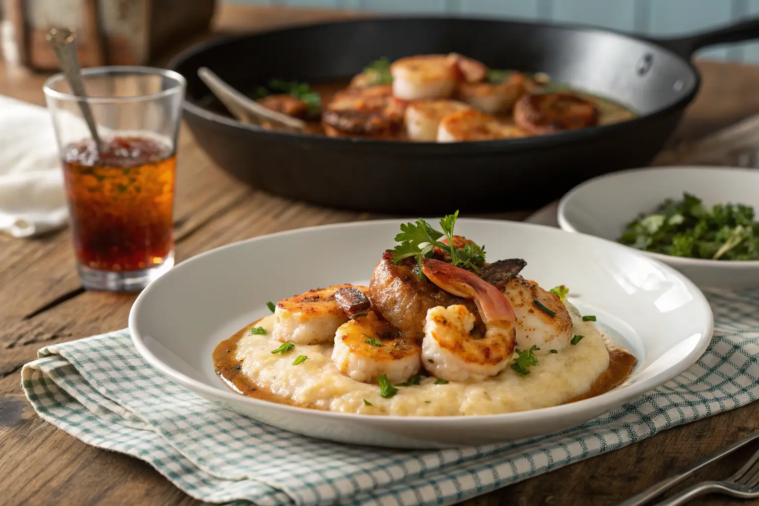 A beautifully plated serving of shrimp and grits on a white ceramic plate. The dish is topped with seared shrimp, garnished with parsley, and accompanied by a cast-iron skillet in the background. The table is set with a gingham napkin, a glass of iced tea, and a sunny Southern dining room ambiance.