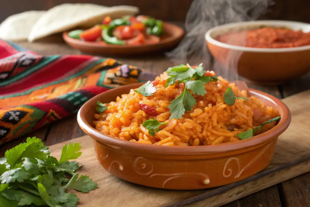 A close-up of a steaming plate of Mexican rice, vibrant with red tomato seasoning, garnished with chopped cilantro, and served in a traditional terracotta dish. Background includes rustic Mexican kitchen elements like a wooden table and colorful textiles.