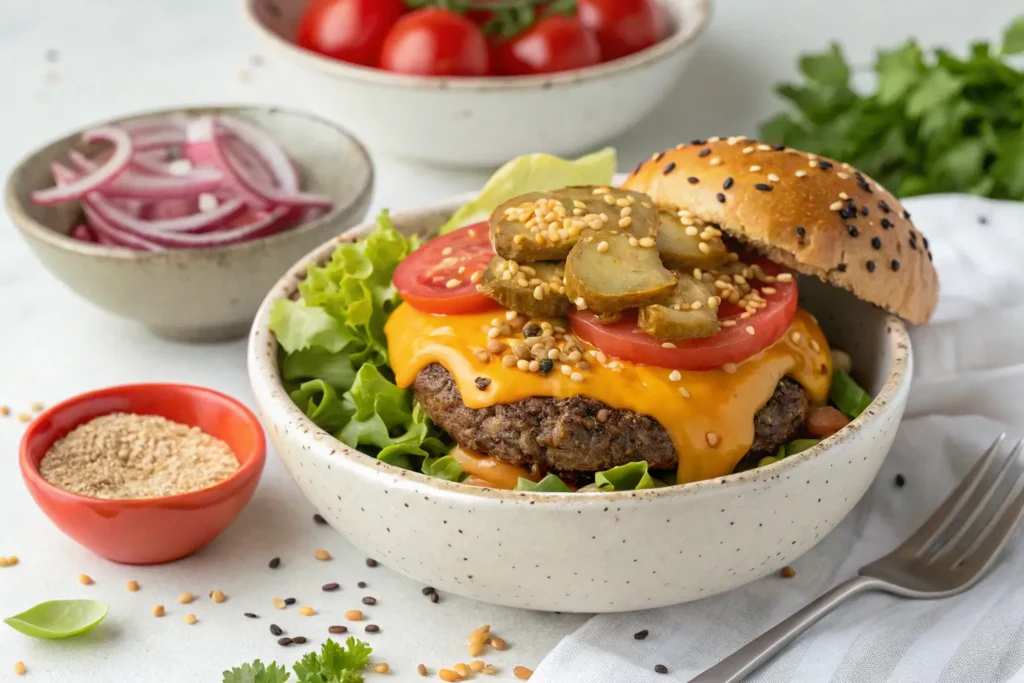 A beautifully styled table featuring a cheeseburger bowl surrounded by small bowls of toppings like shredded cheese, jalapeños, avocado slices, and a glass of iced tea