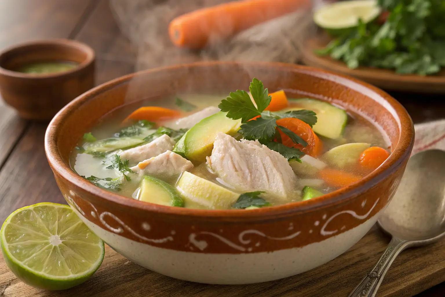 Image of a steaming bowl of Caldo de Pollo