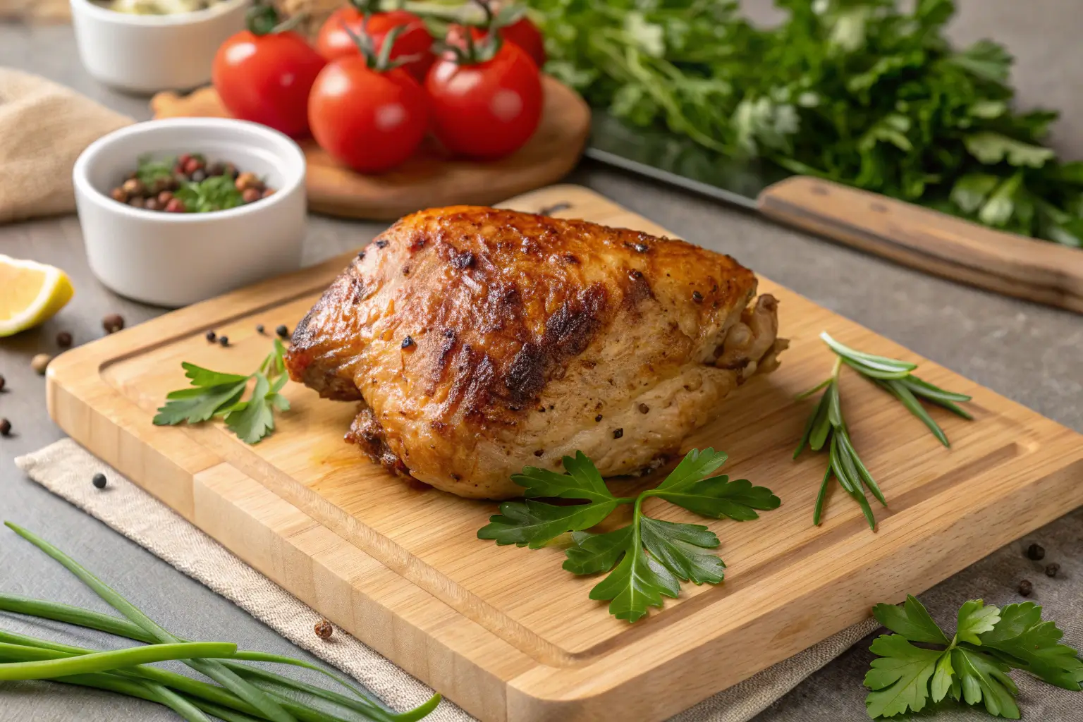 A high-resolution image of a perfectly cooked boneless skinless chicken thigh, placed on a wooden cutting board with fresh herbs like parsley and a side of vegetables, emphasizing a healthy and protein-rich meal.