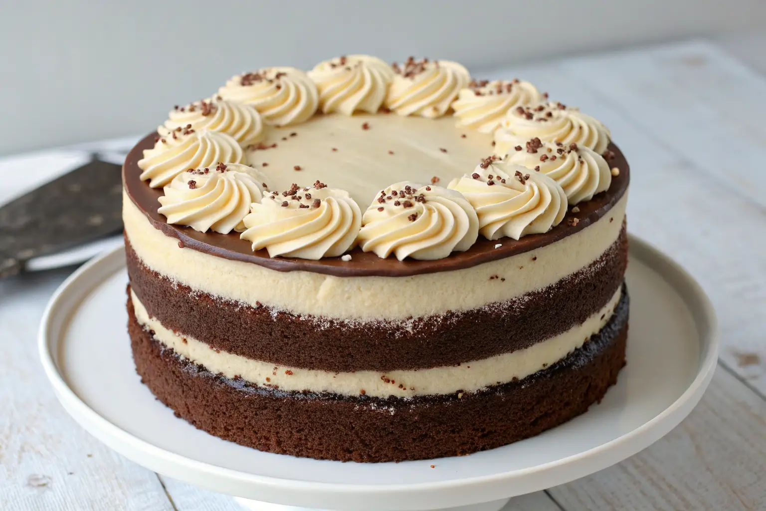 "A beautifully decorated chocolate cake with vanilla frosting, placed on a white cake stand. The frosting is smooth, with piped swirls on top, and garnished with chocolate shavings and edible flowers. The cake is displayed in a cozy dining room setting, with soft natural lighting